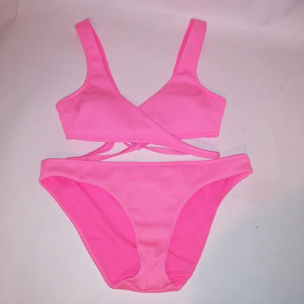 Hollister Swim Bikini Small Top Medium Bottom Neon Pink Ribbed Wrap